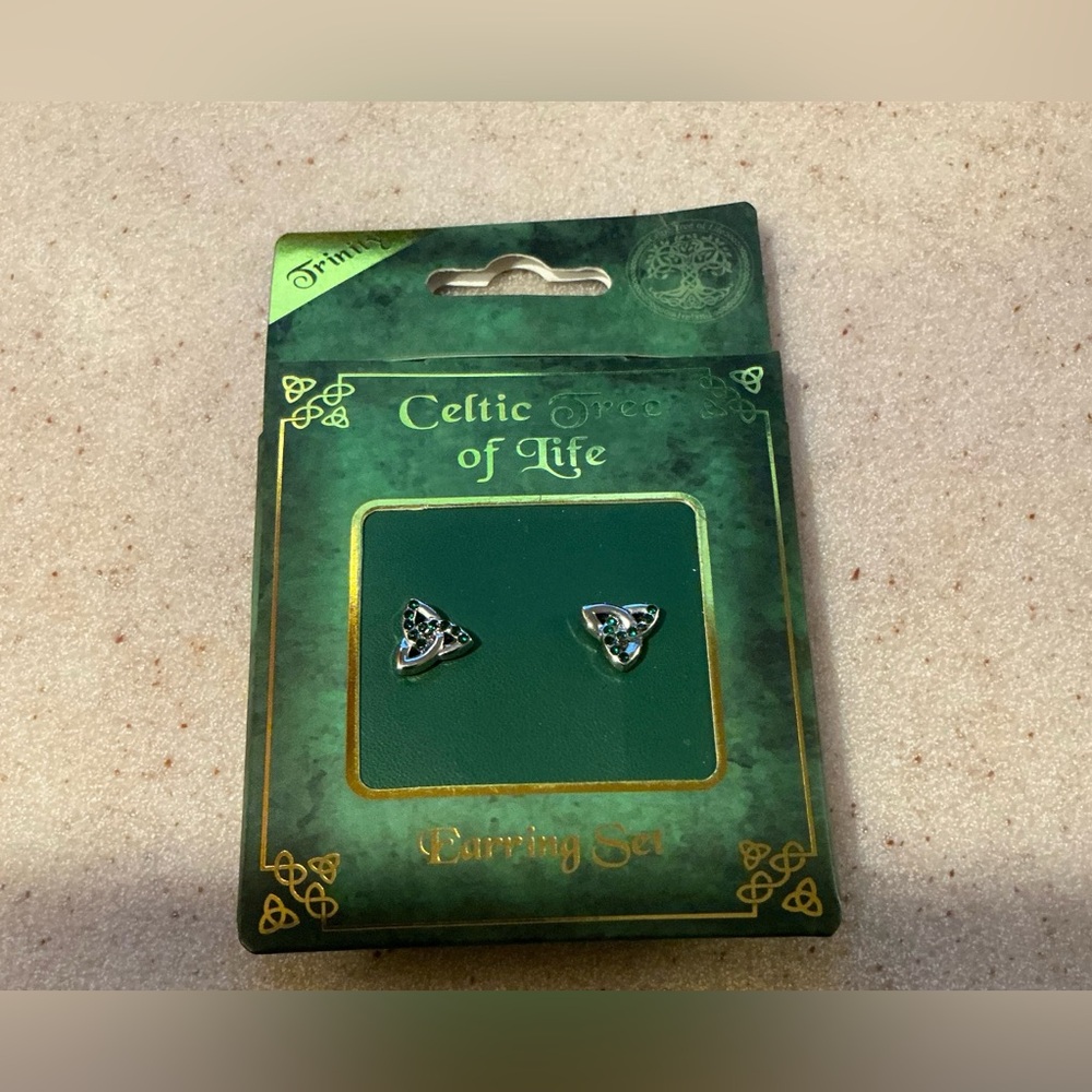 Trinity Celtic Tree of Life Earring Set - Green and Silver